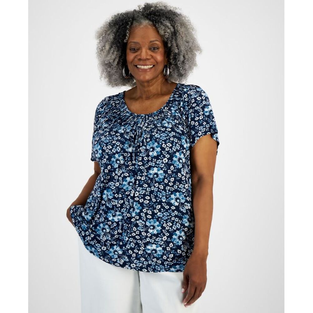 Style & Co. Plus Size Printed Pleated-Neck Top